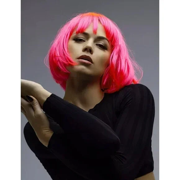 Women's Hot Pink 12 Inch Costume Cosplay Party Short Bob Wigs And Sunglass - Picture 5 of 6